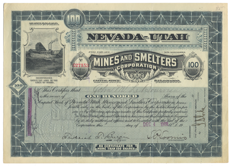 Nevada-Utah Mines and Smelters Corporation Stock Certificate