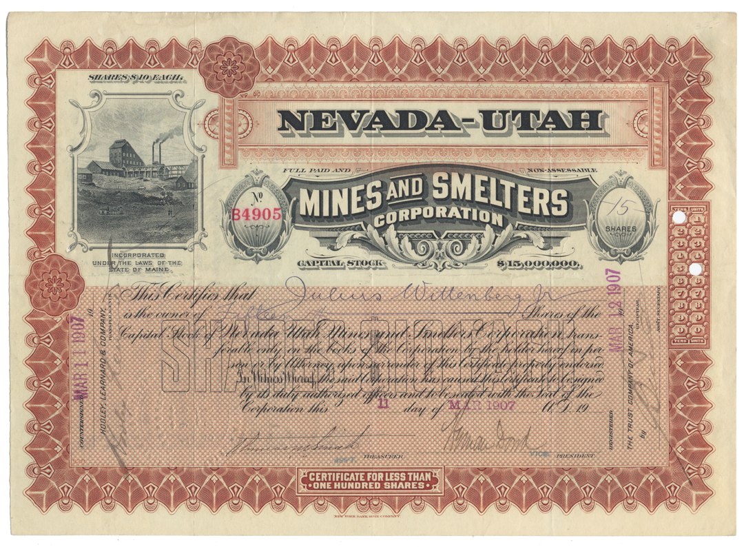 Nevada-Utah Mines and Smelters Corporation Stock Certificate