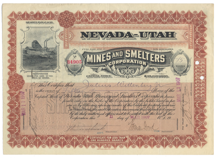 Nevada-Utah Mines and Smelters Corporation Stock Certificate