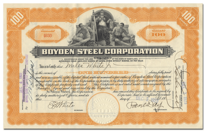 Boyden Steel Corporation Stock Certificate