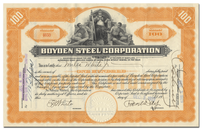 Boyden Steel Corporation Stock Certificate