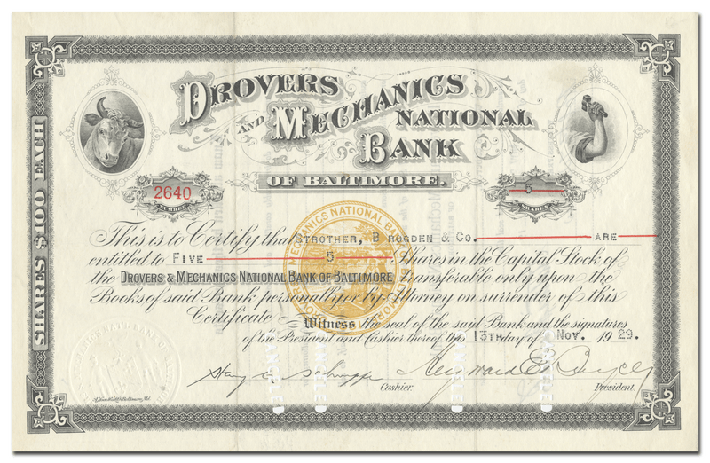 Drovers and Mechanics National Bank of Baltimore Stock Certificate