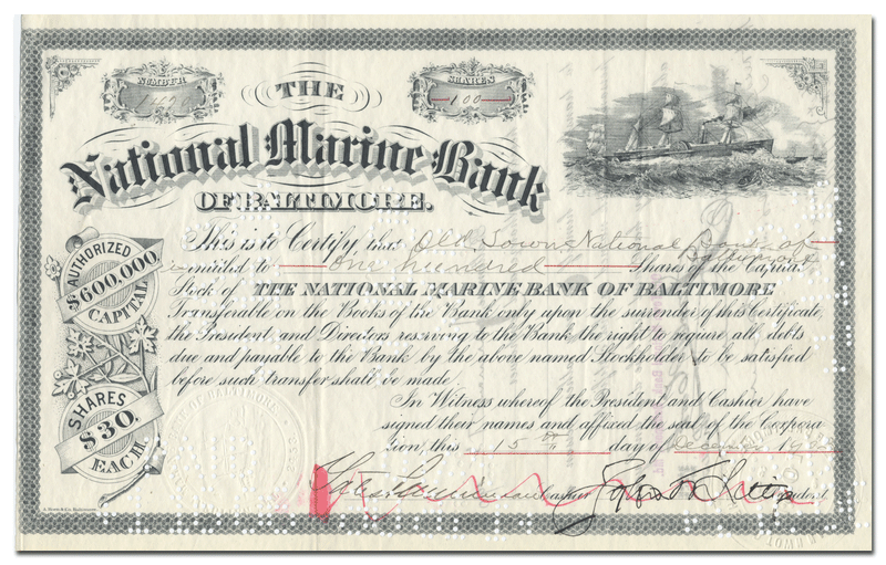National Marine Bank of Baltimore Stock Certificate