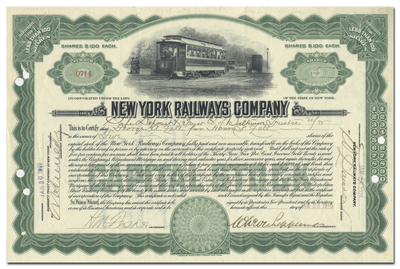 New York Railways Company Stock Certificate