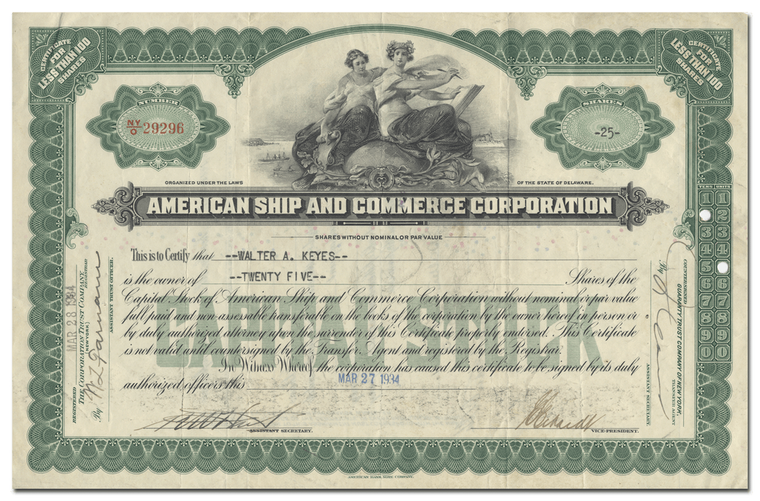 American Ship and Commerce Corporation Stock Certificate