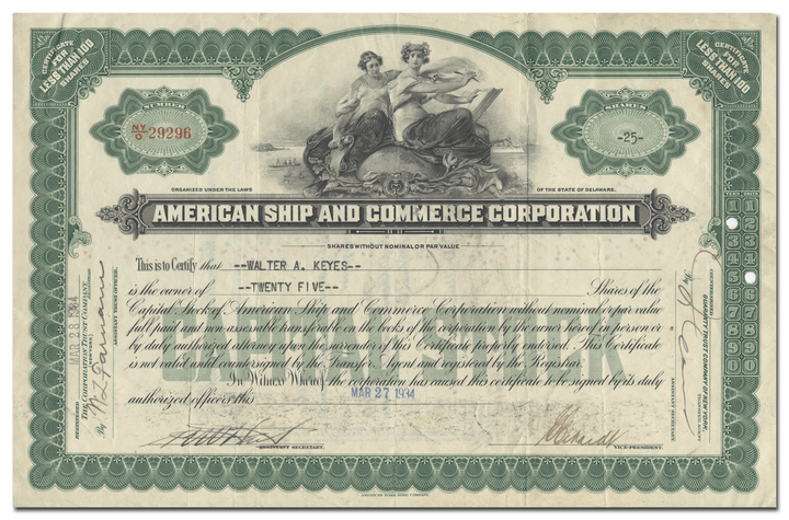 American Ship and Commerce Corporation Stock Certificate