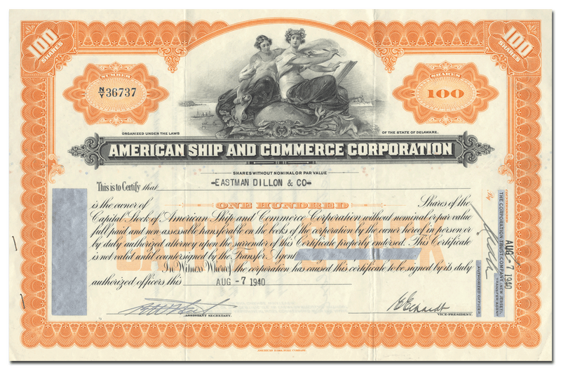 American Ship and Commerce Corporation Stock Certificate