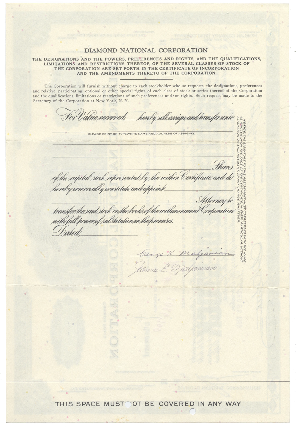 Diamond National Corporation Stock Certificate