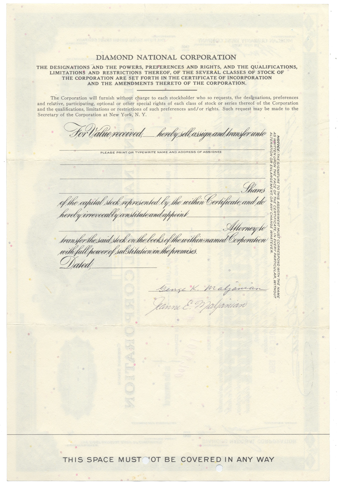 Diamond National Corporation Stock Certificate