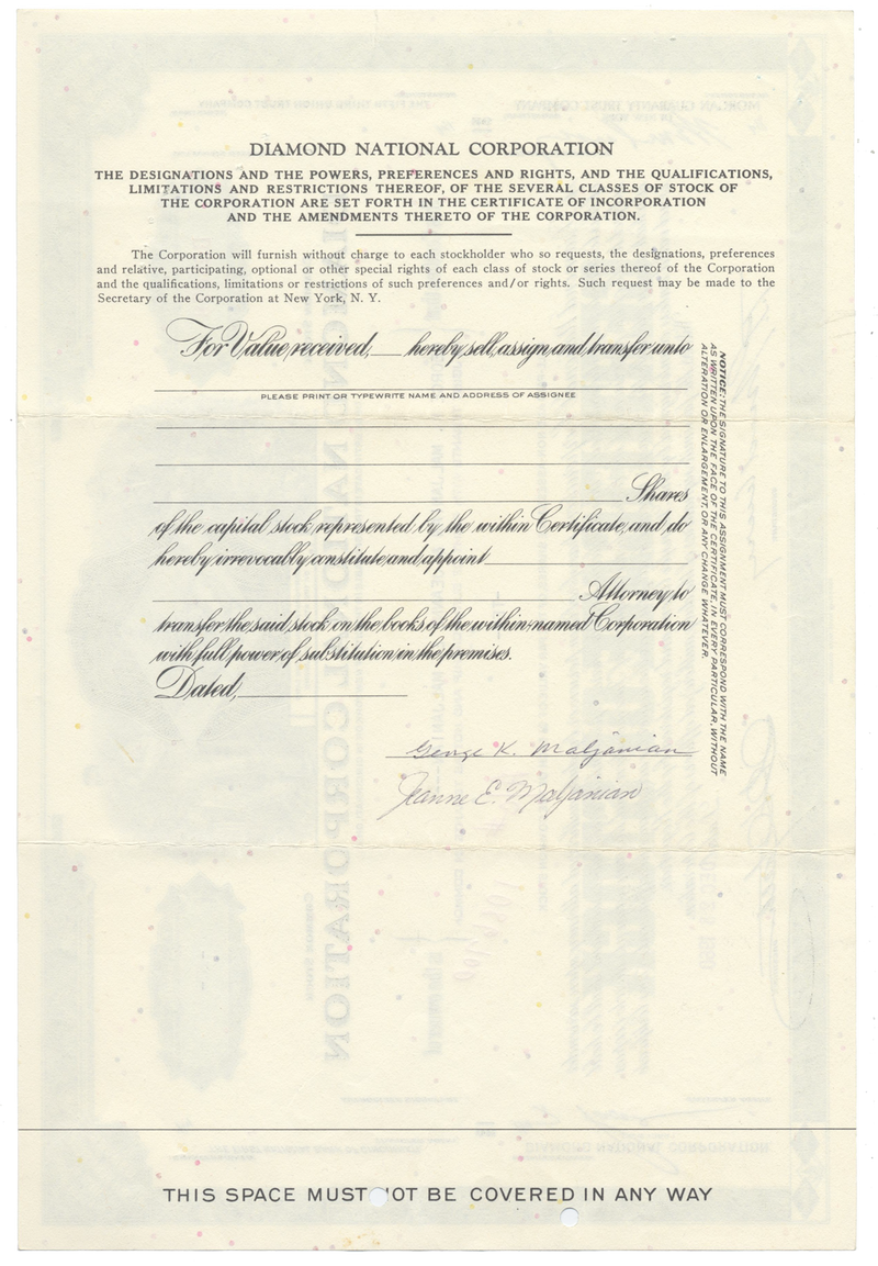 Diamond National Corporation Stock Certificate