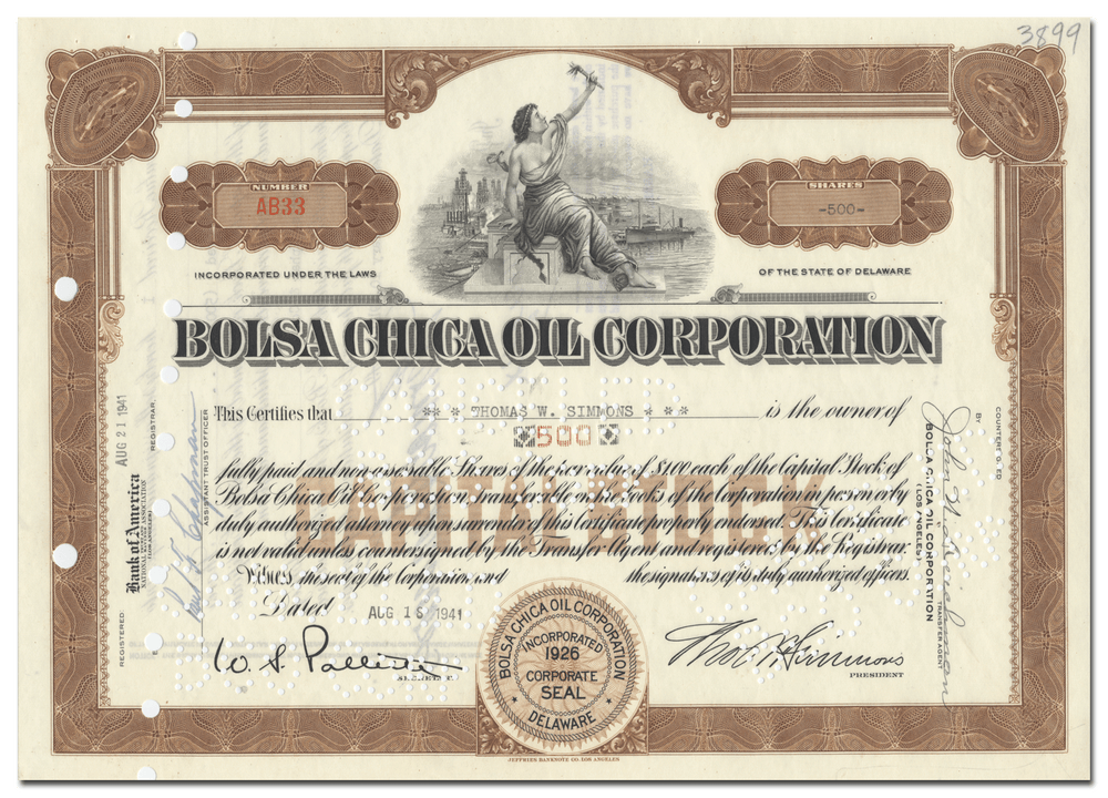 Bolsa Chica Oil Corporation Stock Certificate