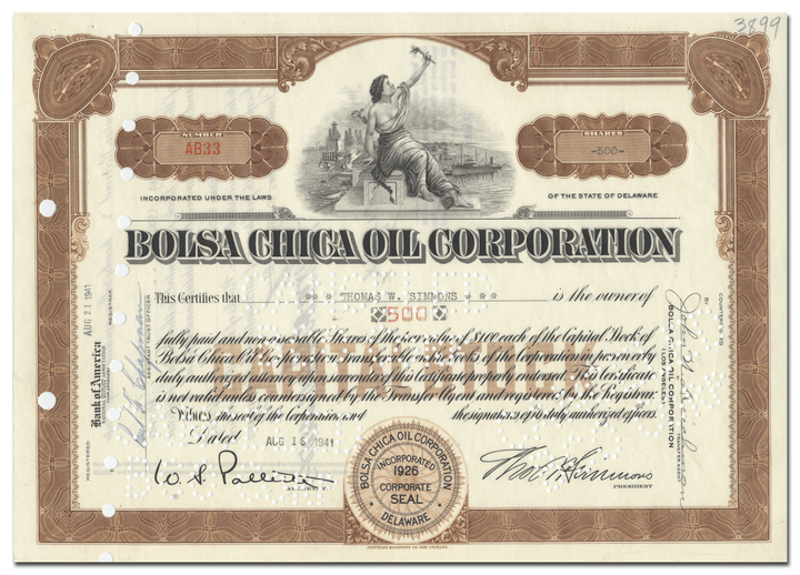 Bolsa Chica Oil Corporation Stock Certificate