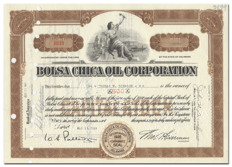 Bolsa Chica Oil Corporation Stock Certificate