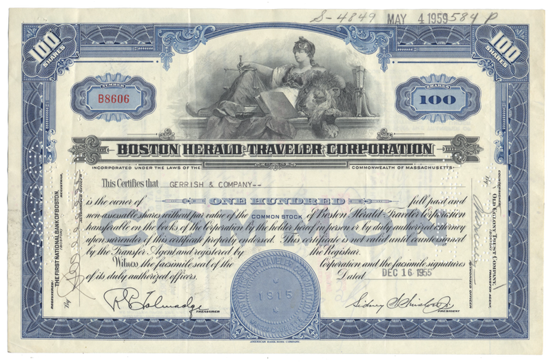 Boston Herald-Traveler Corporation Stock Certificate