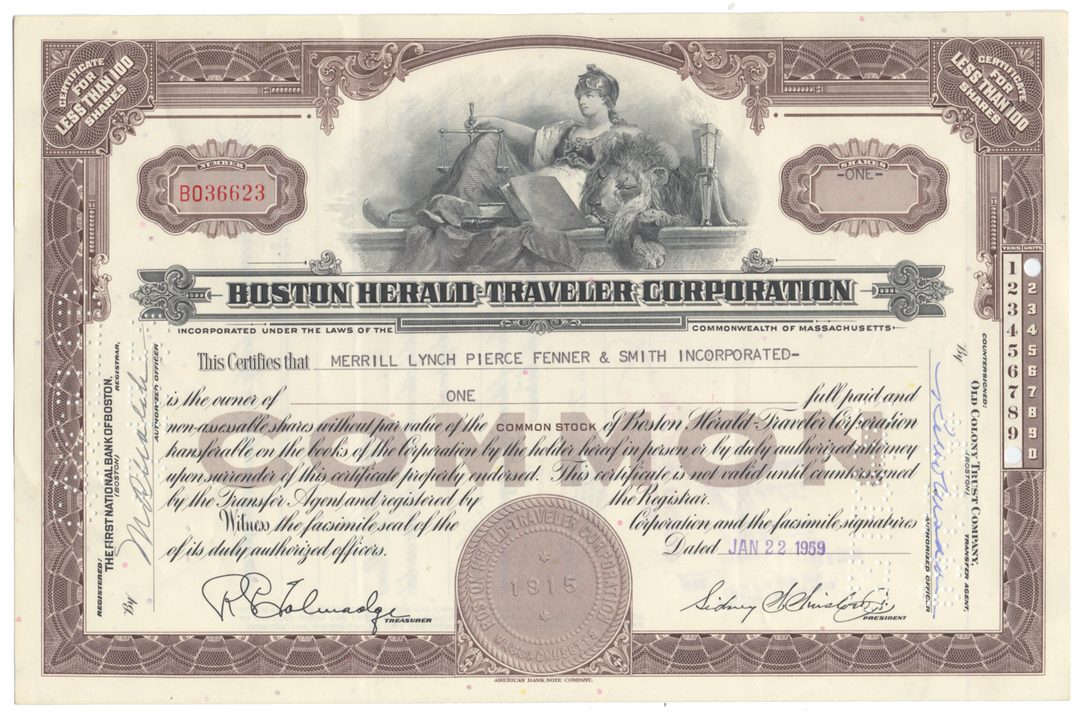 Boston Herald-Traveler Corporation Stock Certificate