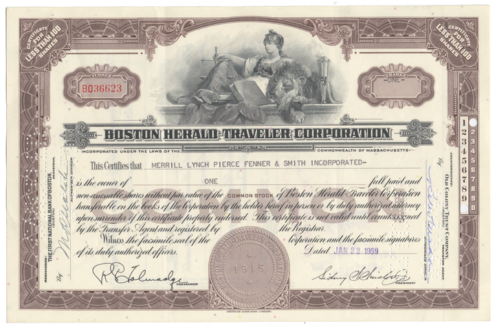 Boston Herald-Traveler Corporation Stock Certificate