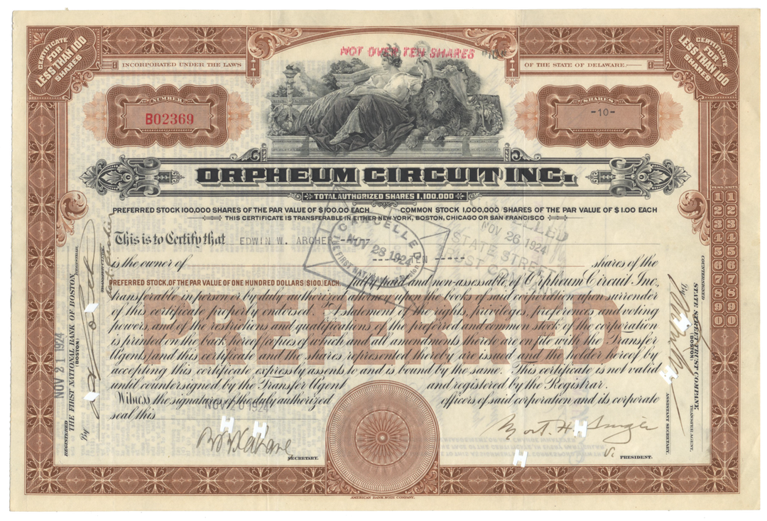 Orpheum Circuit Inc. Stock Certificate