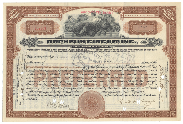 Orpheum Circuit Inc. Stock Certificate