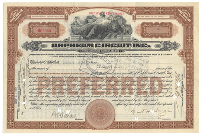 Orpheum Circuit Inc. Stock Certificate