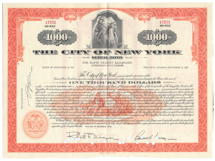 City of New York Bond Certificate