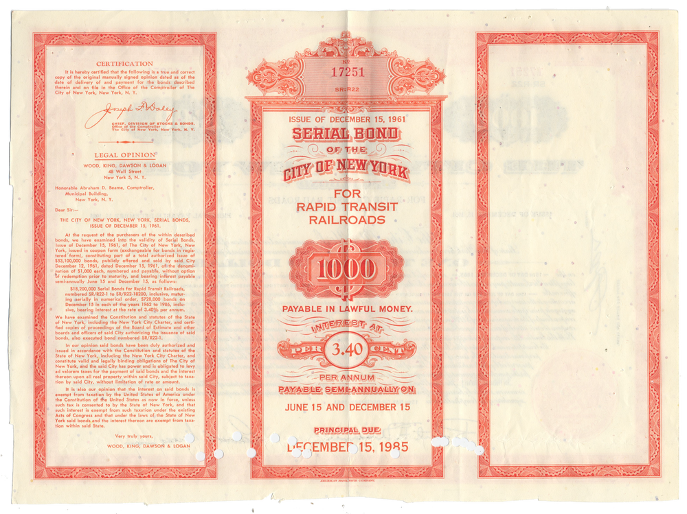 City of New York Bond Certificate