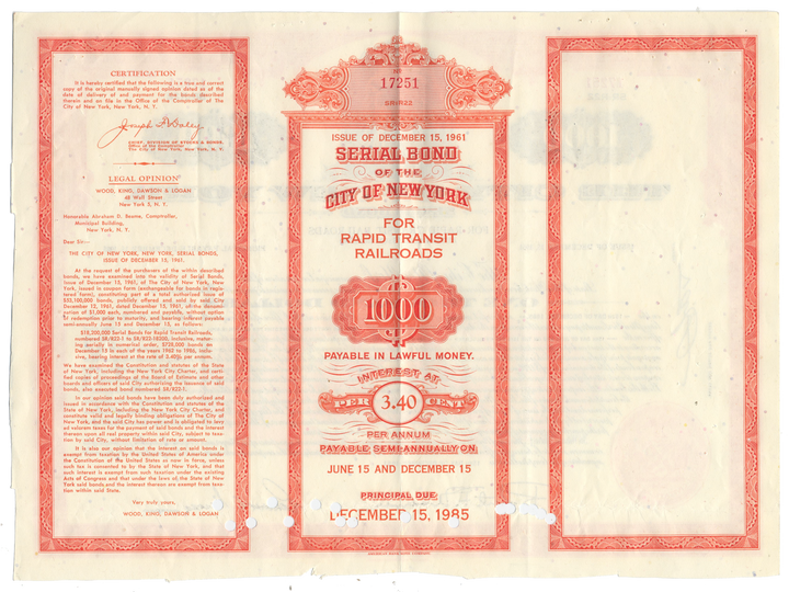 City of New York Bond Certificate