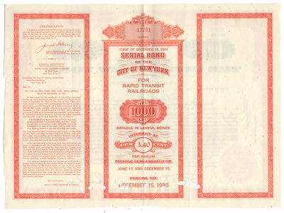 City of New York Bond Certificate