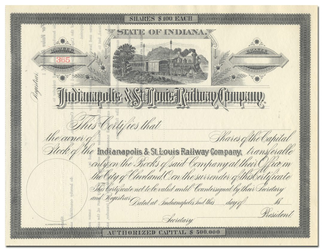 Indianapolis & St. Louis Railway Company Stock Certificate