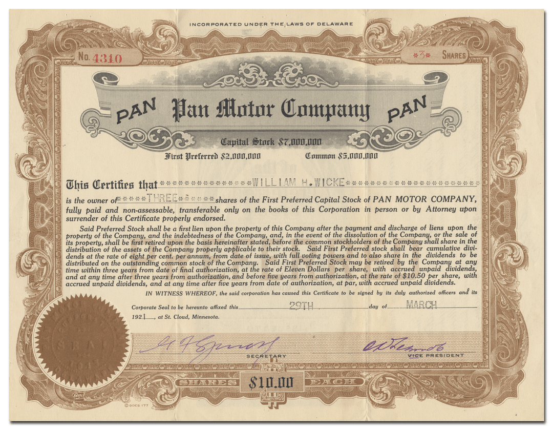 Pan Motor Company Stock Certificate