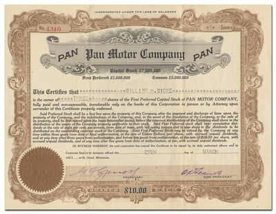Pan Motor Company Stock Certificate