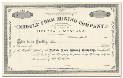 Middle Fork Mining Company Stock Certificate
