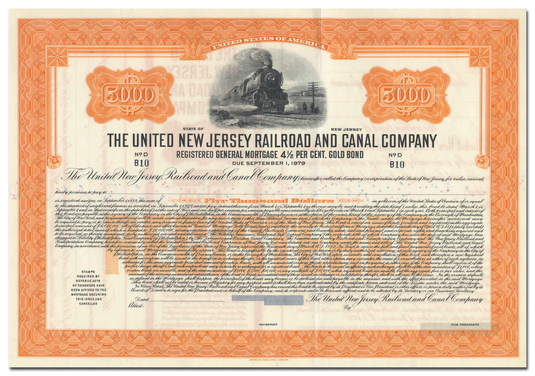 United New Jersey Railroad and Canal Company Bond Certificate