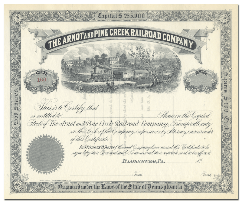 Arnot and Pine Creek Railroad Company Stock Certificate