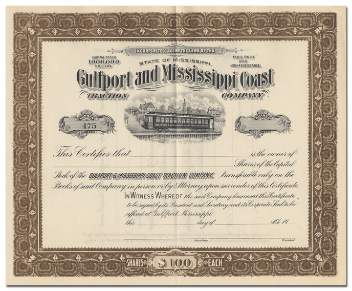 Gulfport and Mississippi Coast Traction Company Stock Certificate