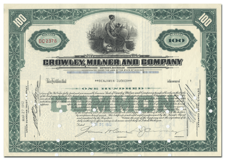 Crowley, MIlner and Company Stock Certificate