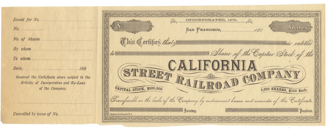 California Street Railroad Company Stock Certificate