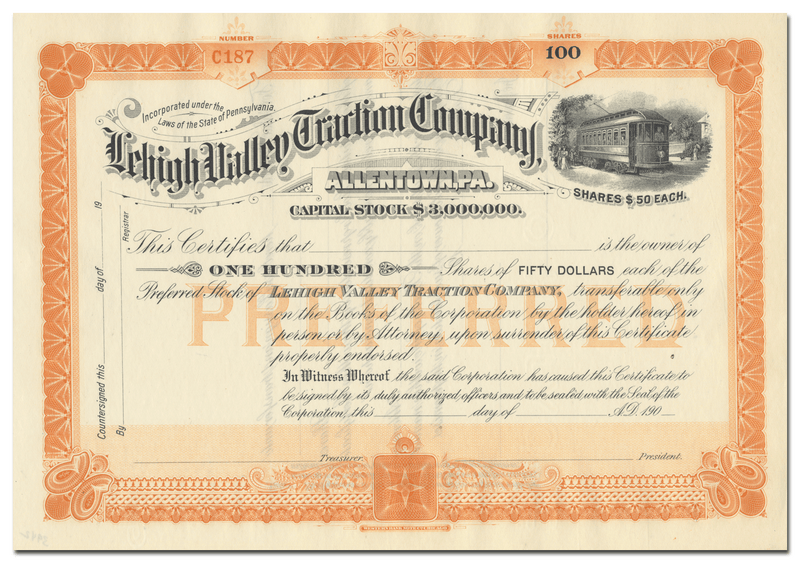 Lehigh Valley Traction Company Stock Certificate