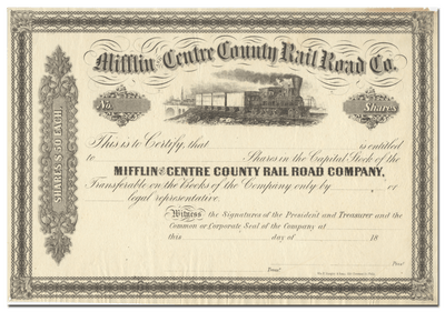 Mifflin and Centre County Rail Road Company Stock Certificate