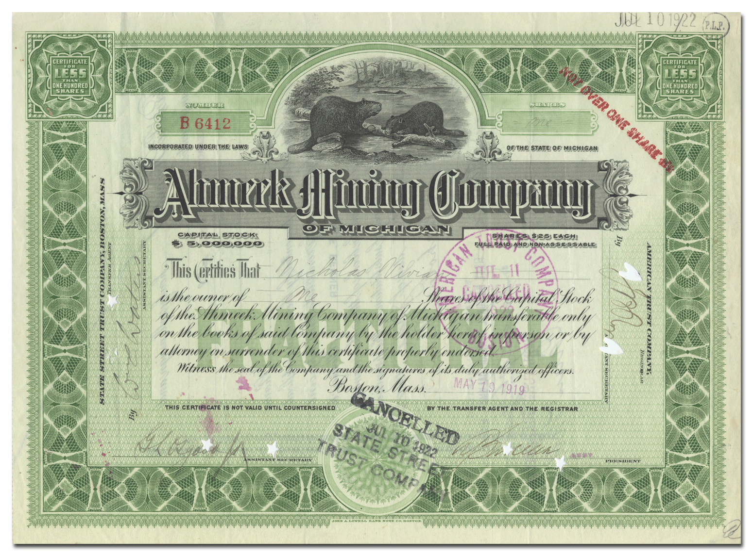 Ahmeek Mining Company Stock Certificate - Ghosts of Wall Street