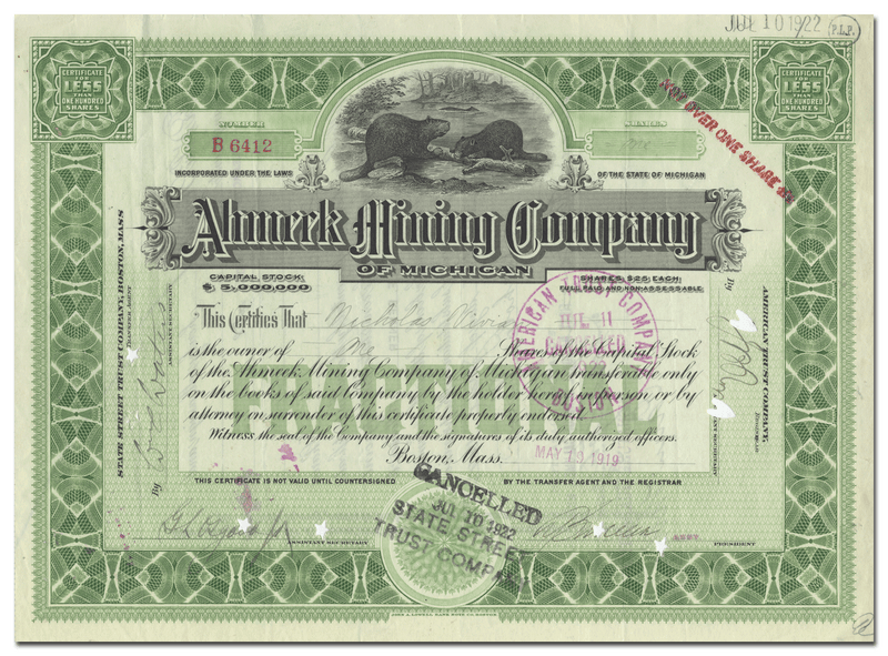 Ahmeek Mining Company of Michigan Stock Certificate
