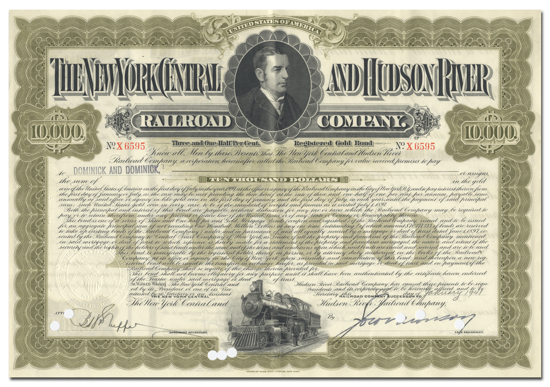 New York Central and Hudson River Railroad Company Bond Certificate