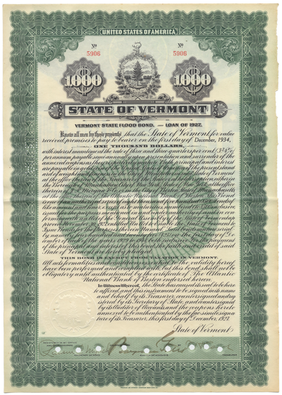 State of Vermont Bond Certificate