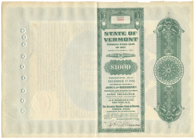 State of Vermont Bond Certificate