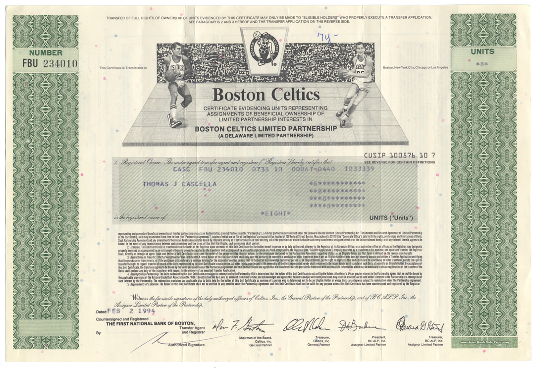 Boston Celtics Limited Partnership Stock Certificate