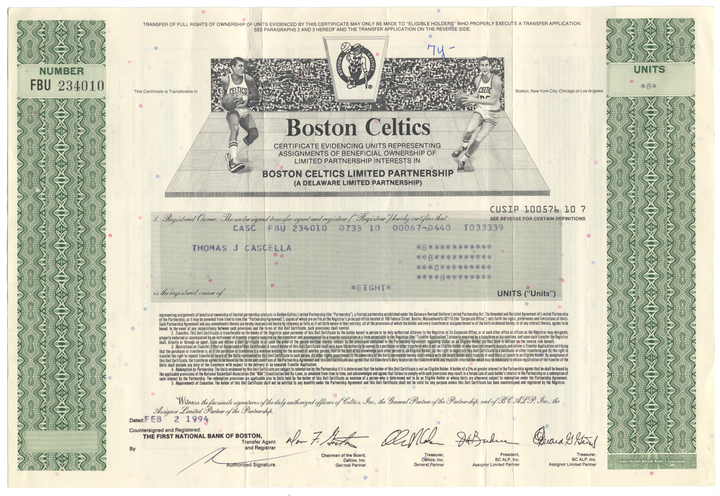 Boston Celtics Limited Partnership Stock Certificate