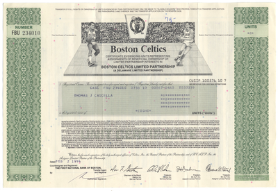 Boston Celtics Limited Partnership Stock Certificate