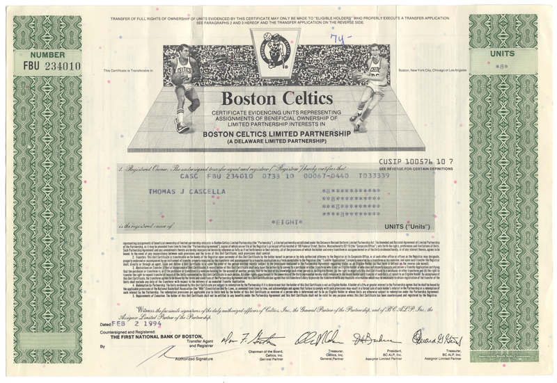 Boston Celtics Limited Partnership Stock Certificate