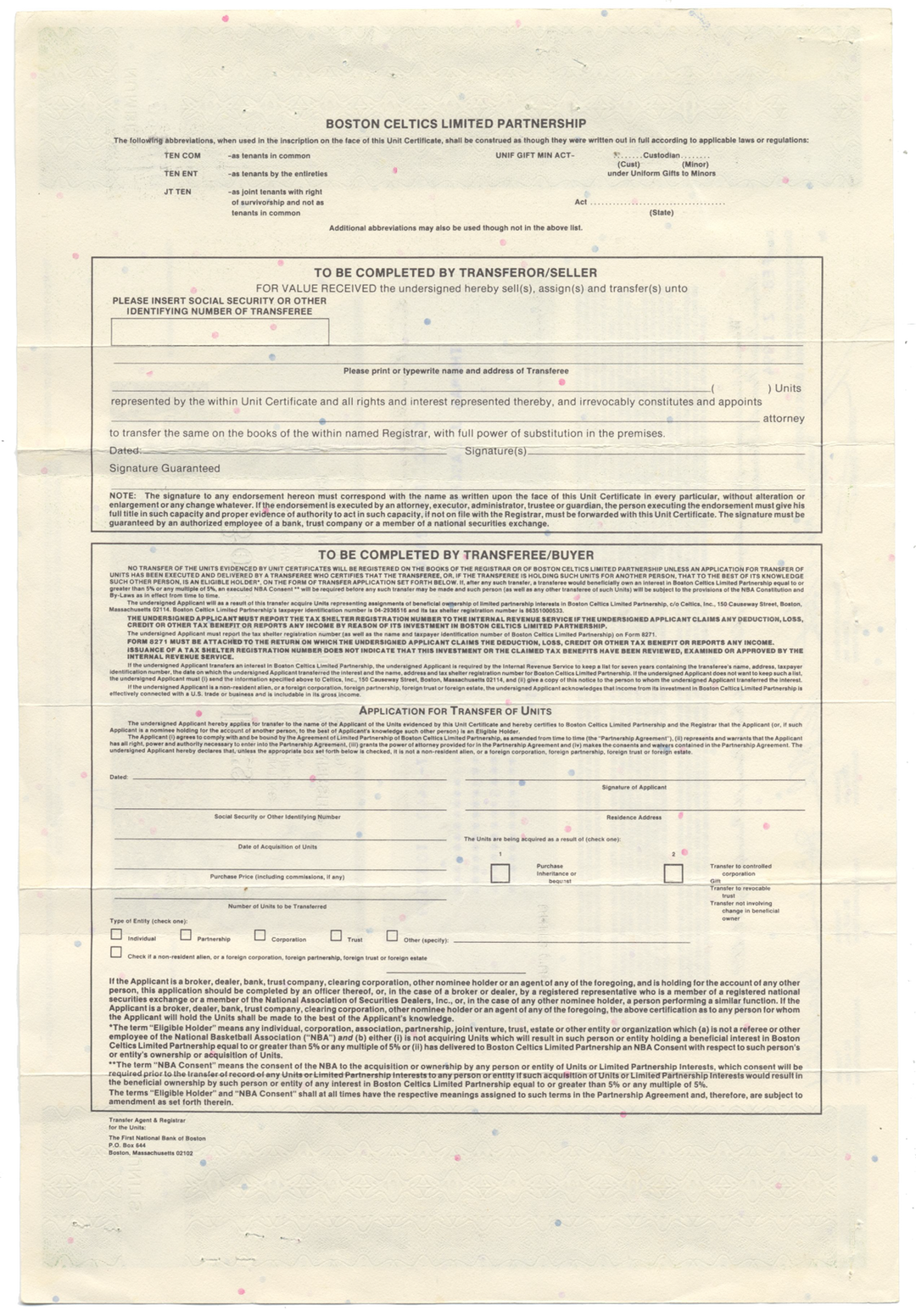 Boston Celtics Limited Partnership Stock Certificate