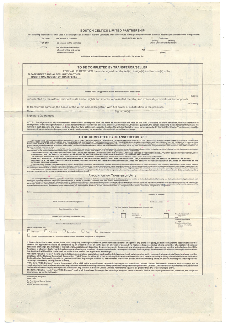 Boston Celtics Limited Partnership Stock Certificate