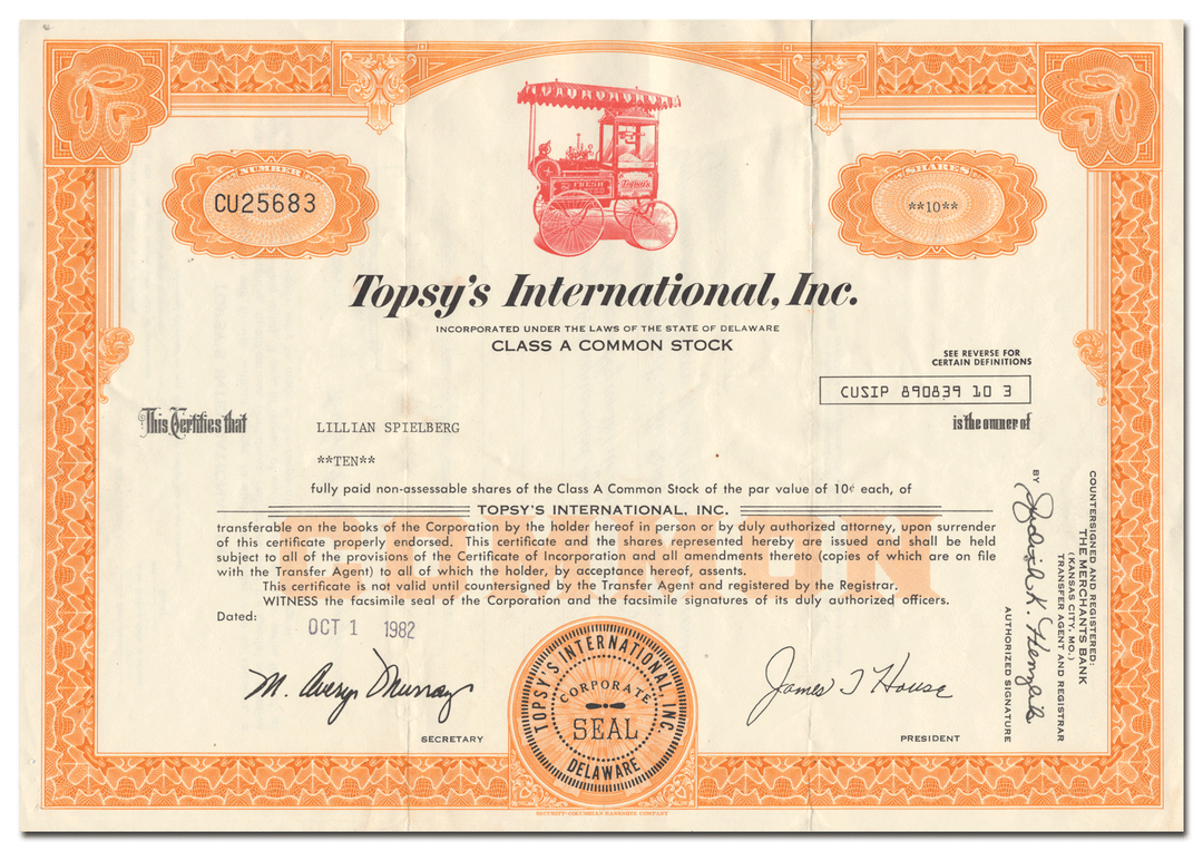 Topsy's International, Inc. Stock Certificate